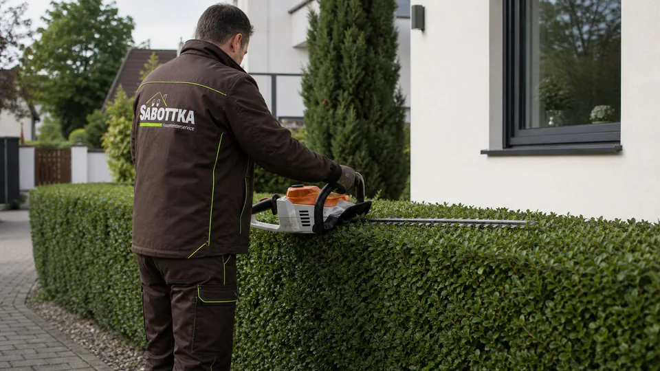 KI-generierte Darstellung: Mitarbeiter beim Heckenschnitt an einer Wohnanlage