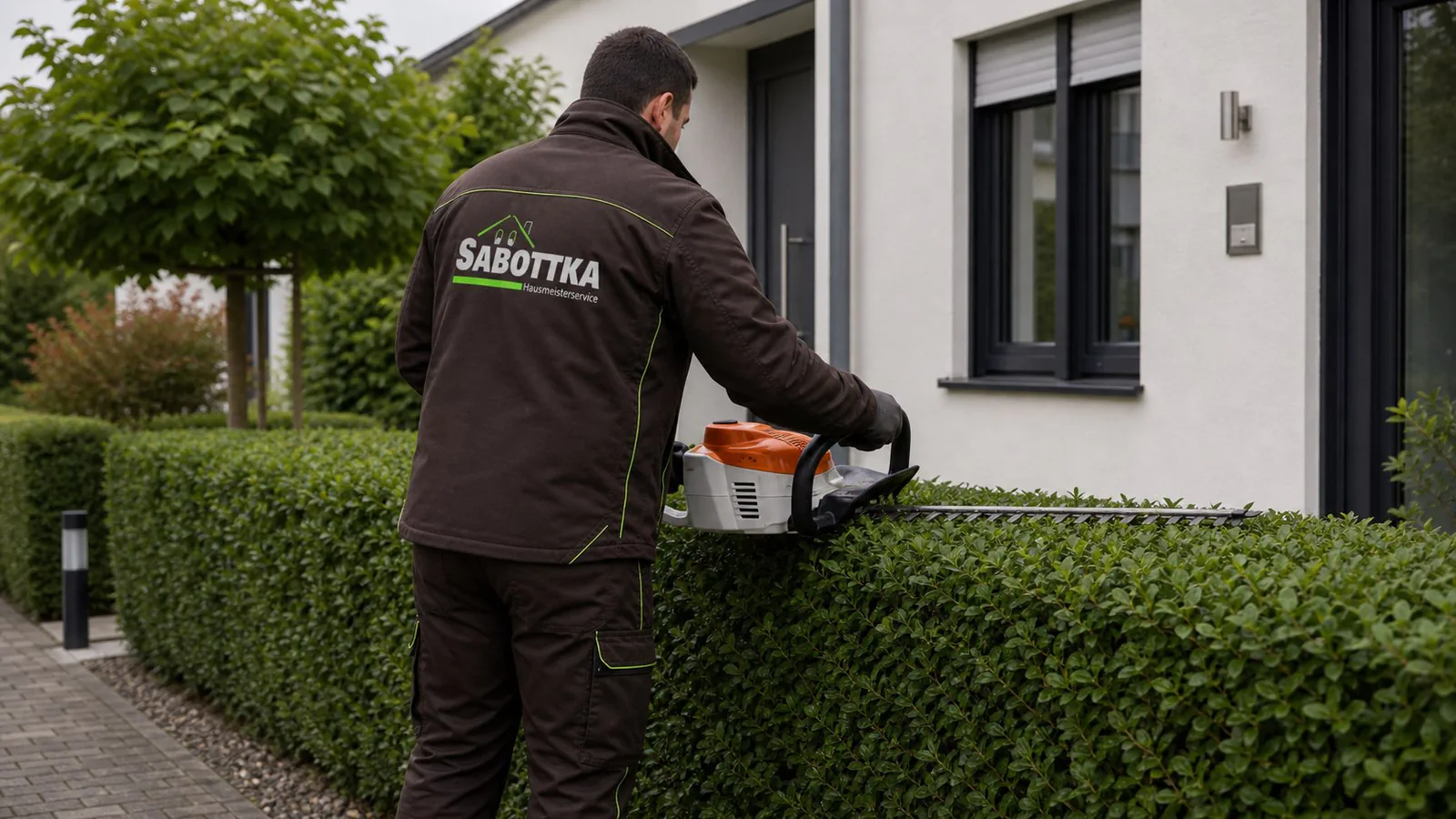 KI-generierte Darstellung: Mitarbeiter mäht den Rasen einer Wohnanlage