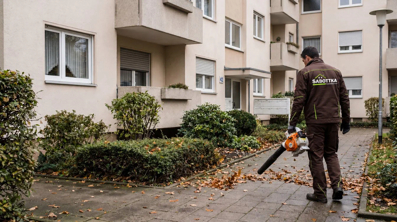 KI-generierte Darstellung: Sabottka-Mitarbeiter bei der Objektpflege einer Wohnanlage