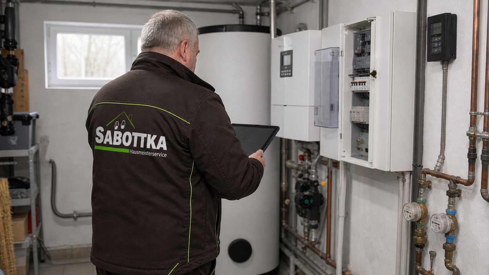 Hausmeisterservice mit Geräteausstattung an einer Wohnanlage