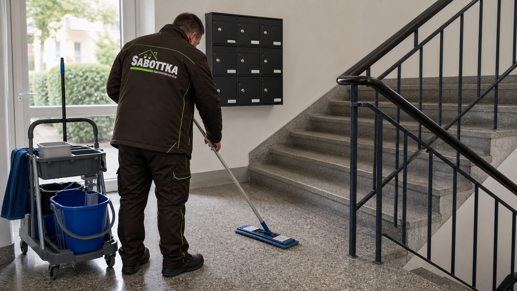 Reinigungsausrüstung in einem hellen Treppenhaus