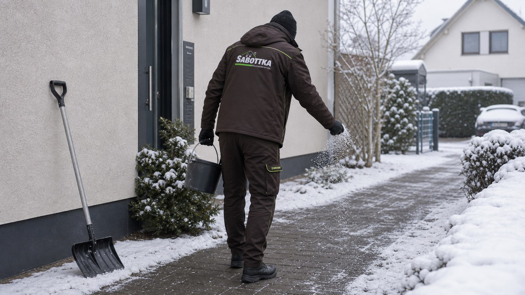 Winterdienst mit Streuwagen vor einem Wohngebäude
