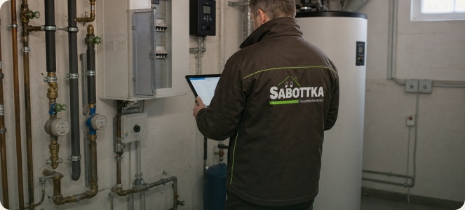 Sabottka-Mitarbeiter pr&uuml;ft einen Technikraum vor Ort