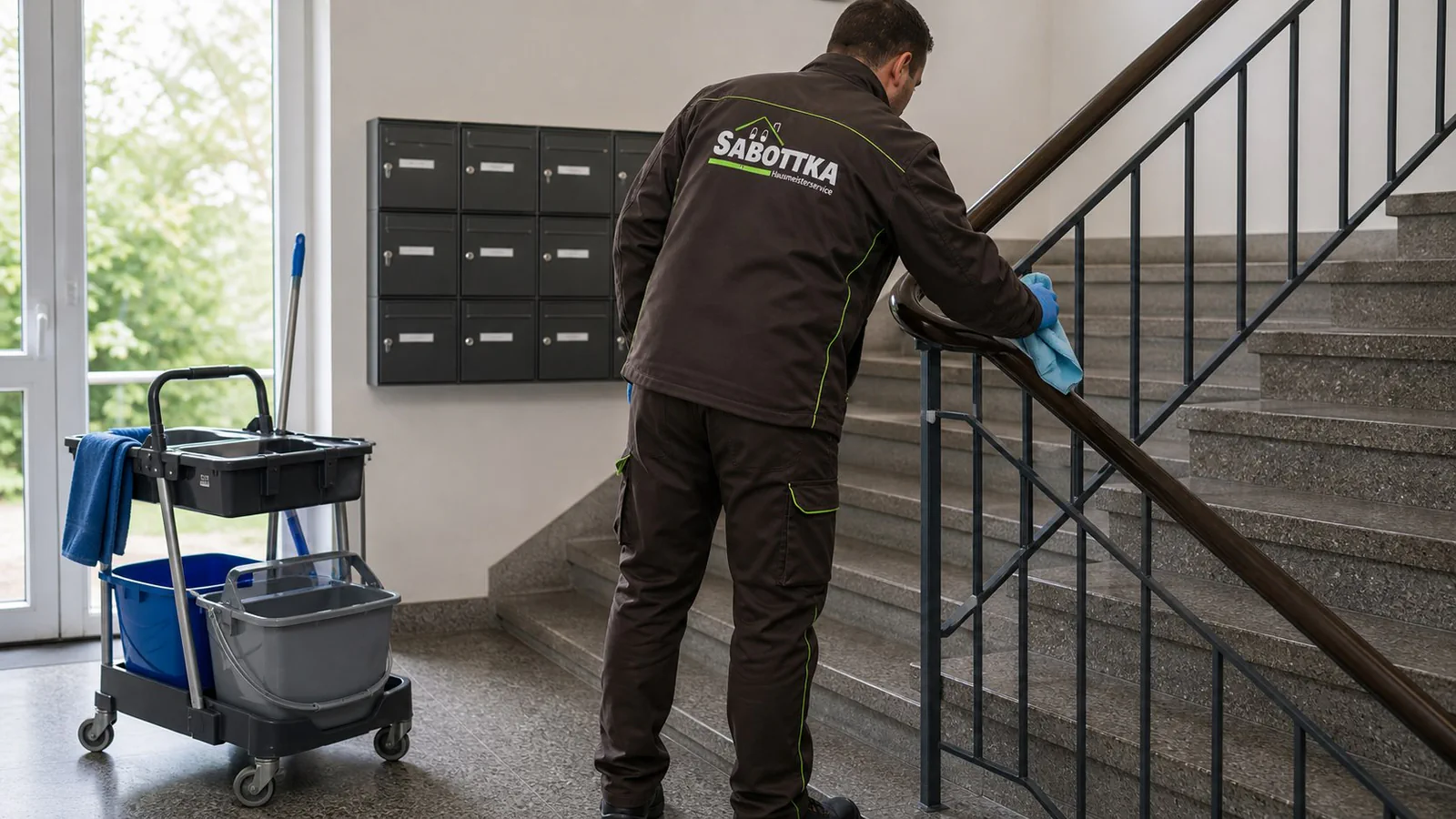 KI-generierte Darstellung: Mitarbeiter reinigt den Boden eines Treppenhauses