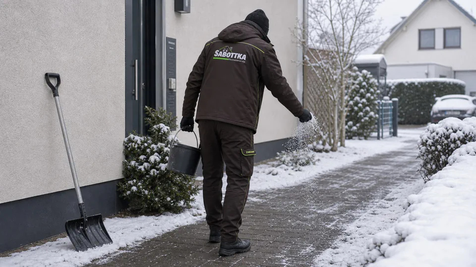 KI-generierte Darstellung: Mitarbeiter räumt Schnee vor einer Wohnanlage